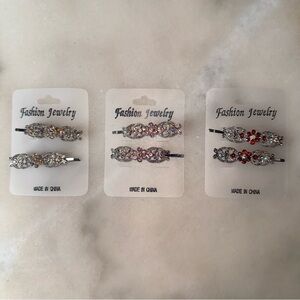 Rhinestone Decorative Hair Clips - silver, Pink & Red Gems (Set of 6)